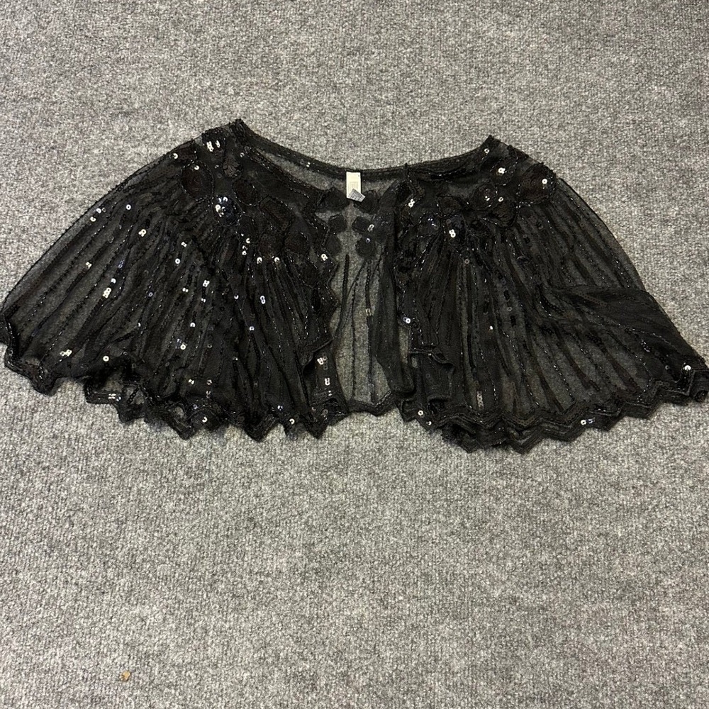 Suit Yourself Capelet Womens OS Black Sequin Beaded Sheer Mesh Gatsby Shrug